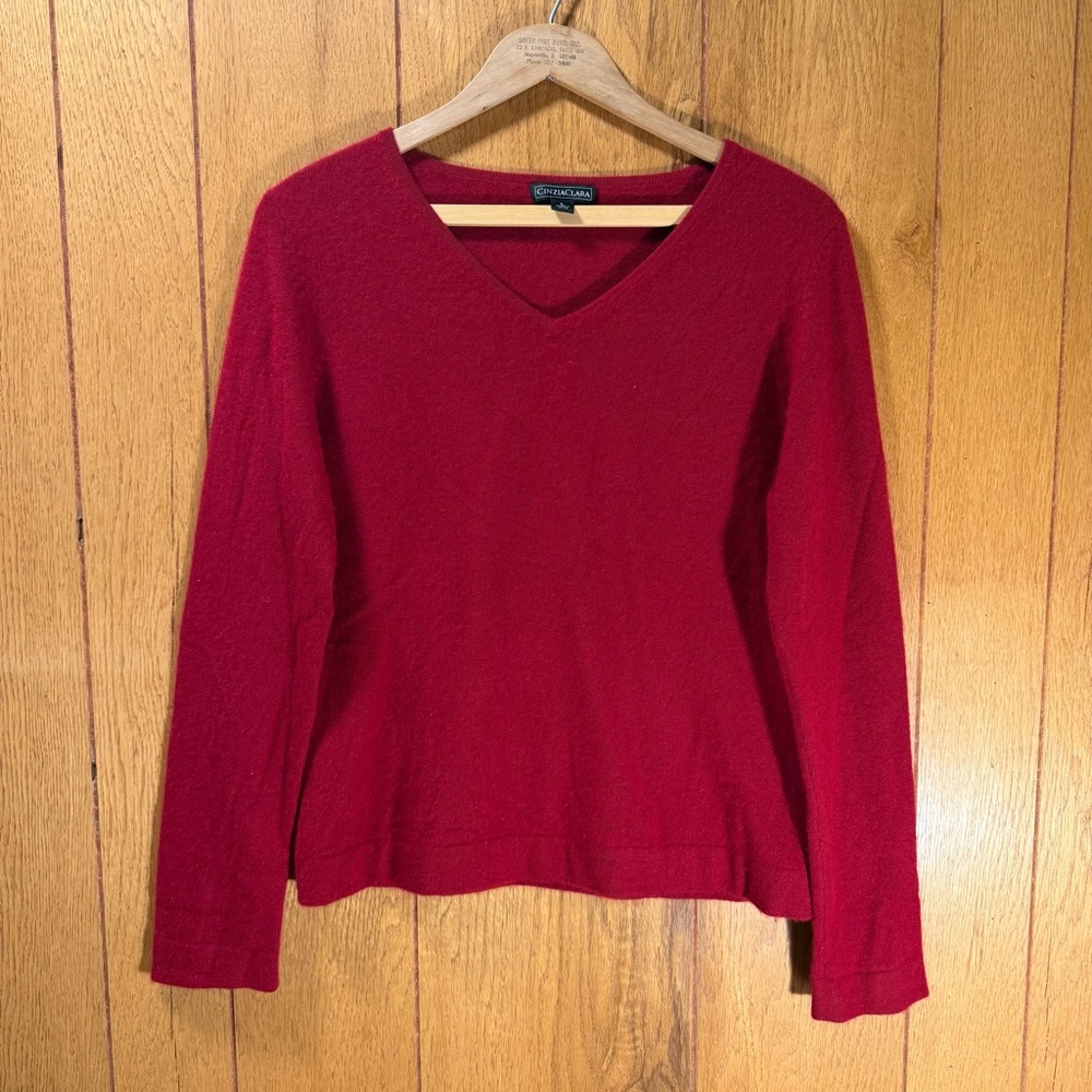 CinziaClara Red V-Neck 100% Pure Cashmere Womens Sweater Long-Sleeve Size Large